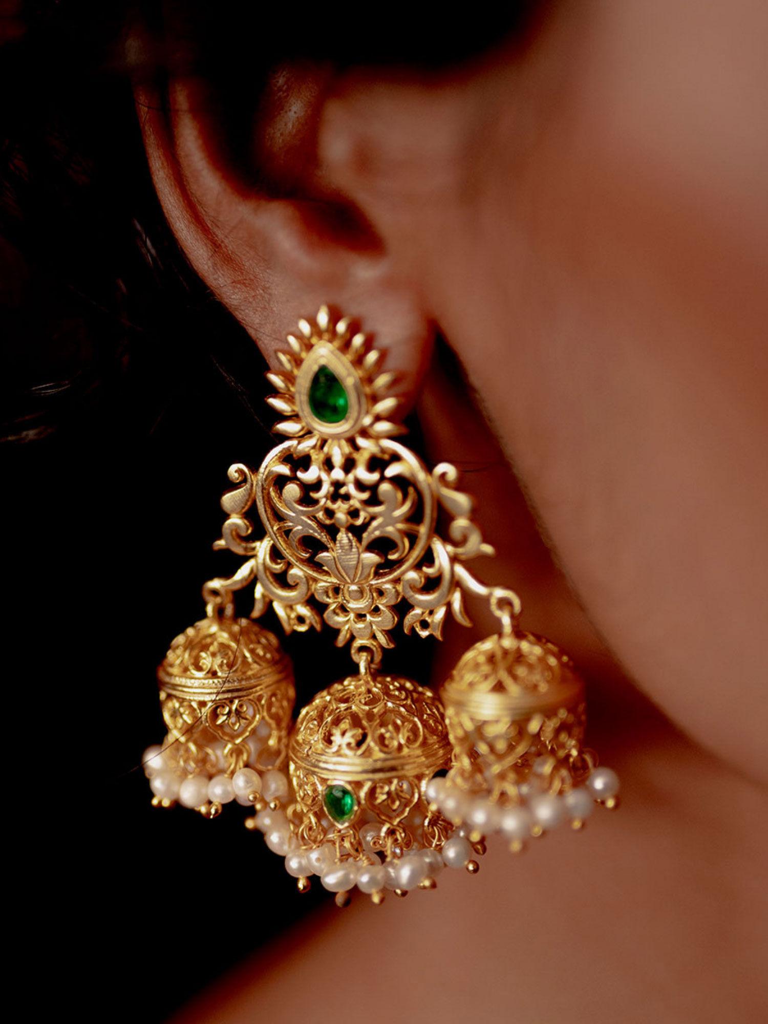 green white pearls filigree gold plated jhumki earrings