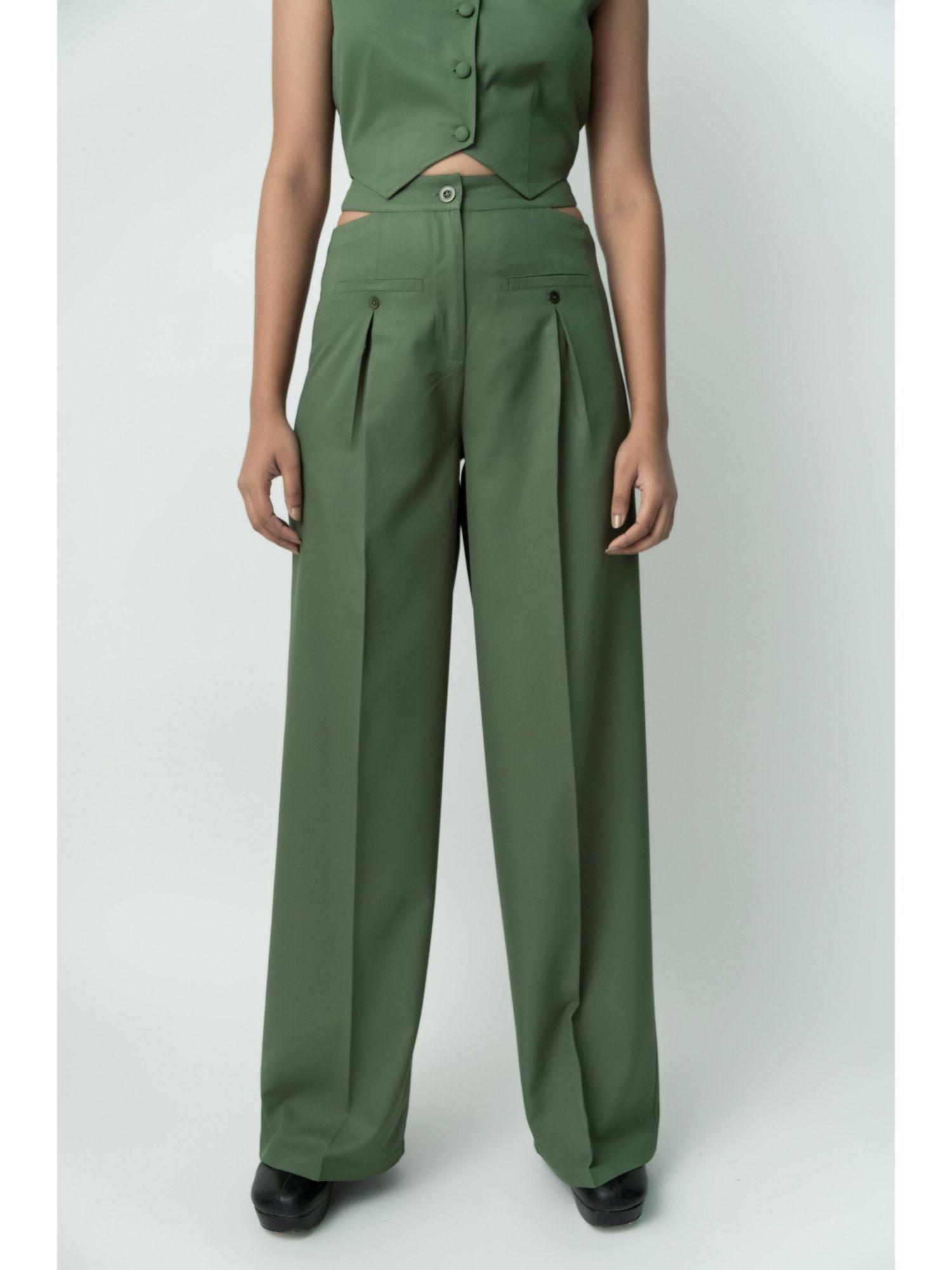 green wide leg cut-out trousers