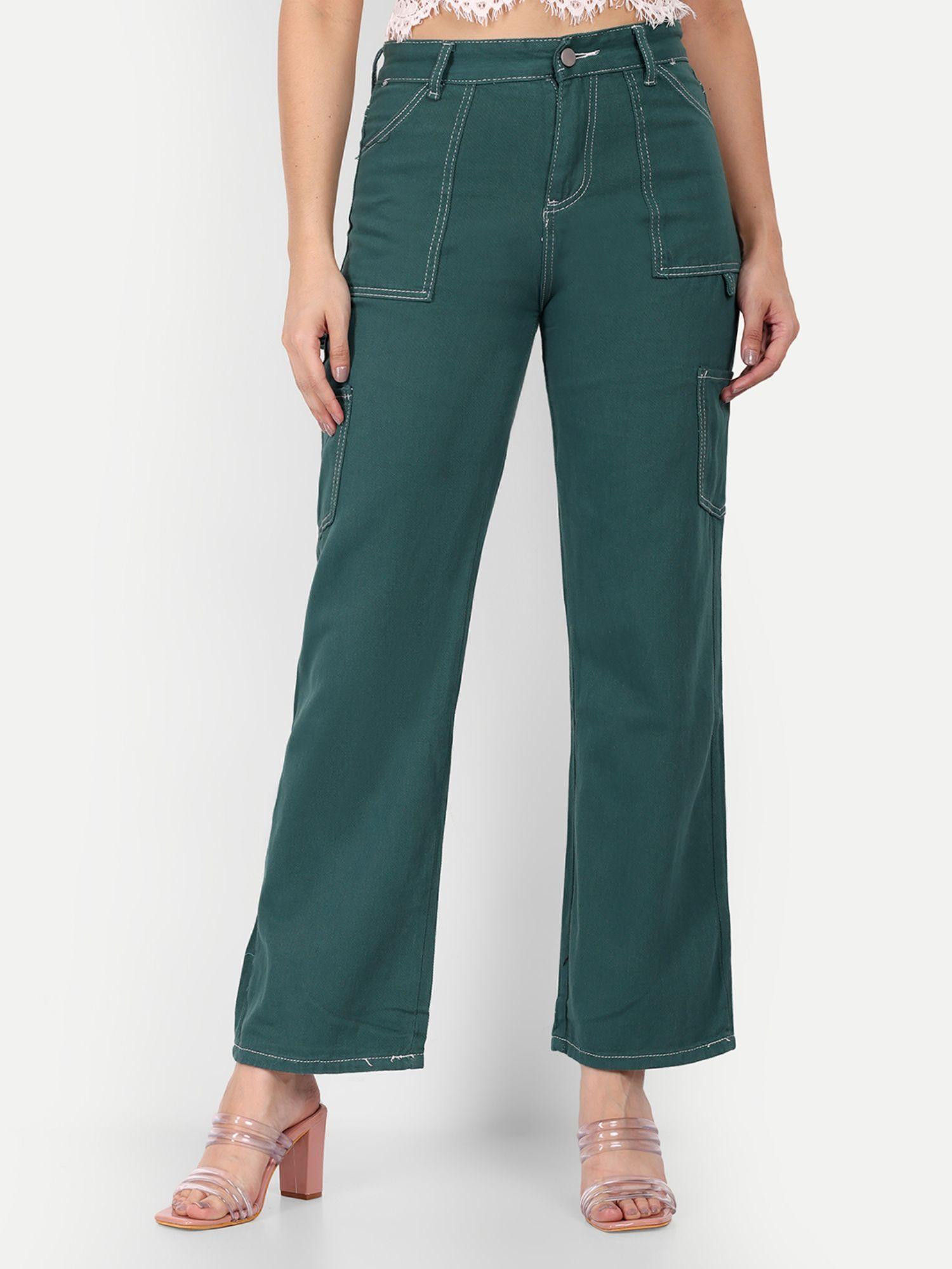 green wide-leg jeans with contrast white stitch lines