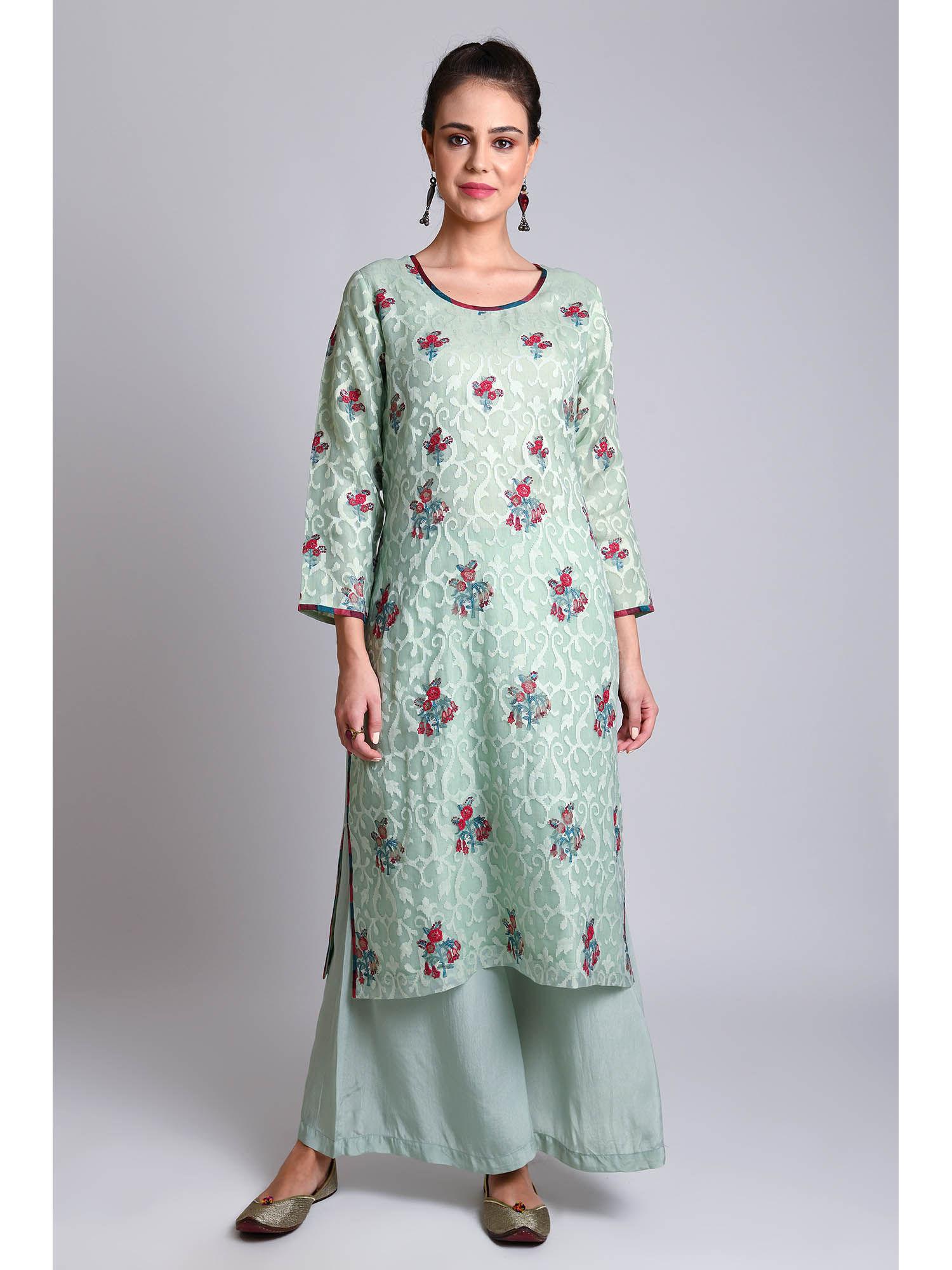 green with slit-round neck straight kurta