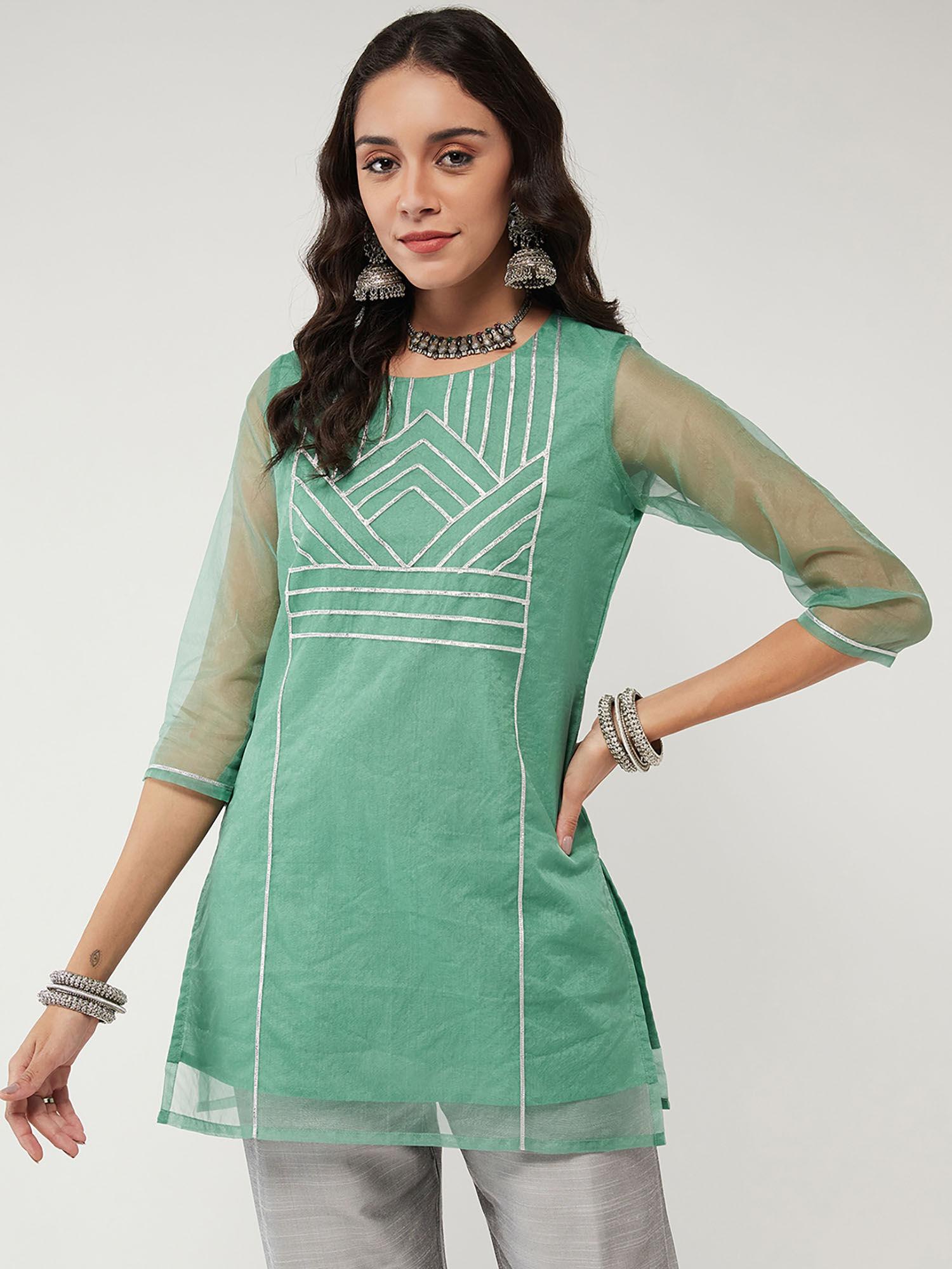 green women's fusion short pastel kurti with gota detailing in front