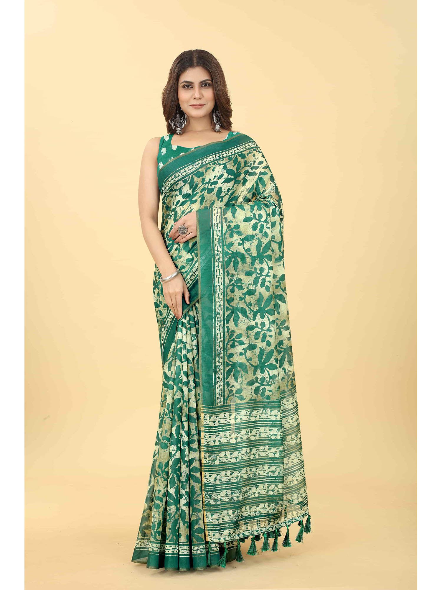 green women block print saree with unstitched blouse