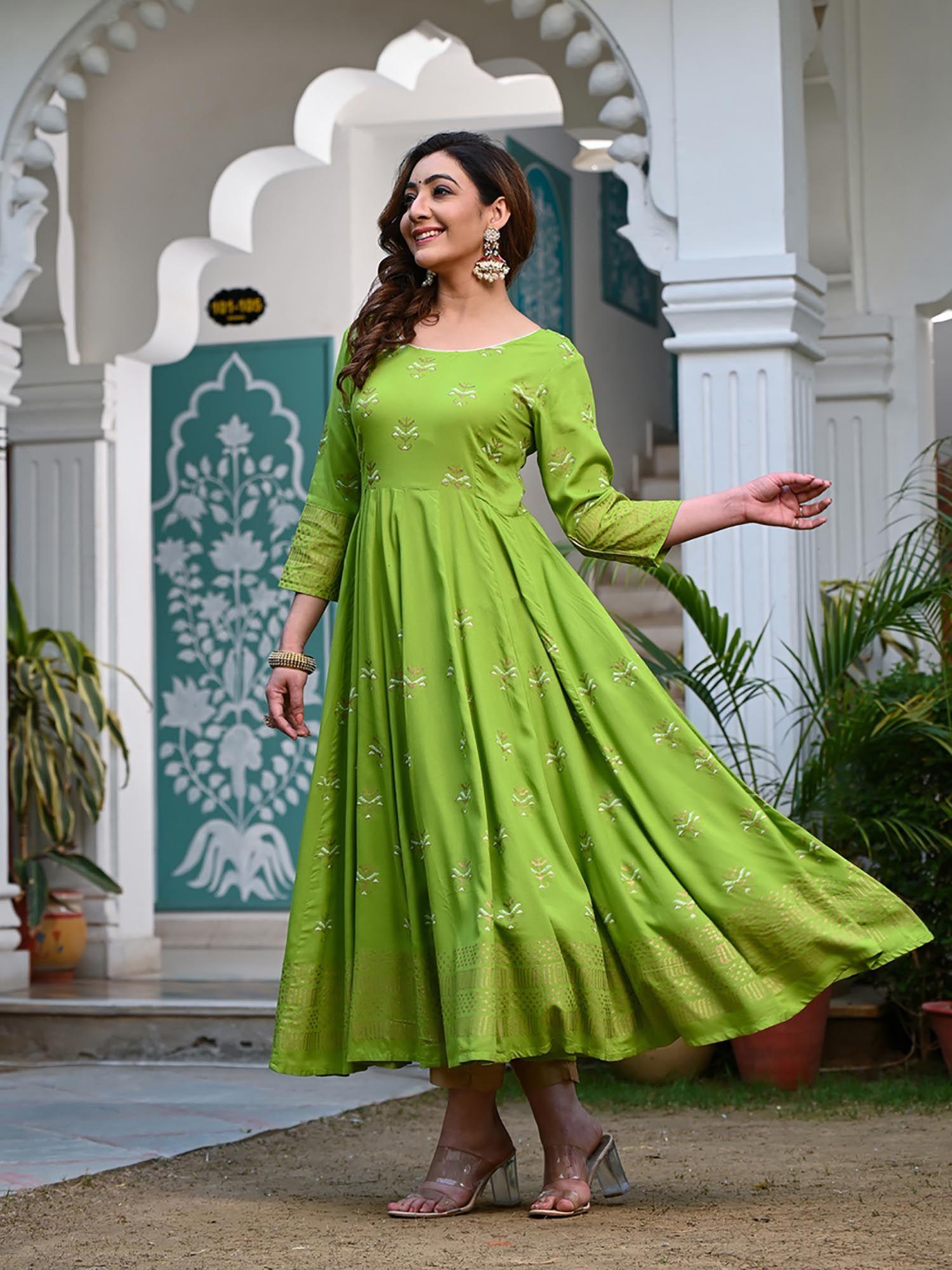 green women block printed anarkali kurta