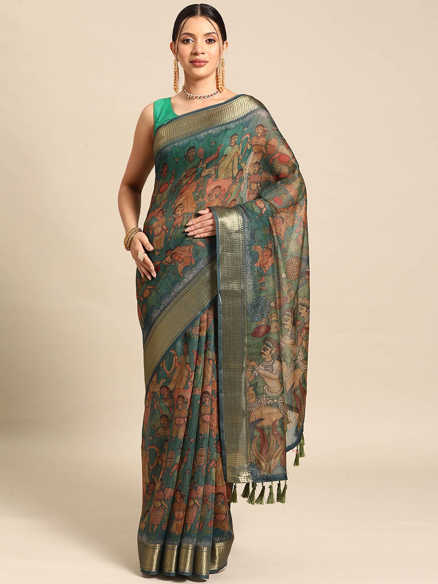 green women kalamkari cotton blend printed saree with unstitched blouse