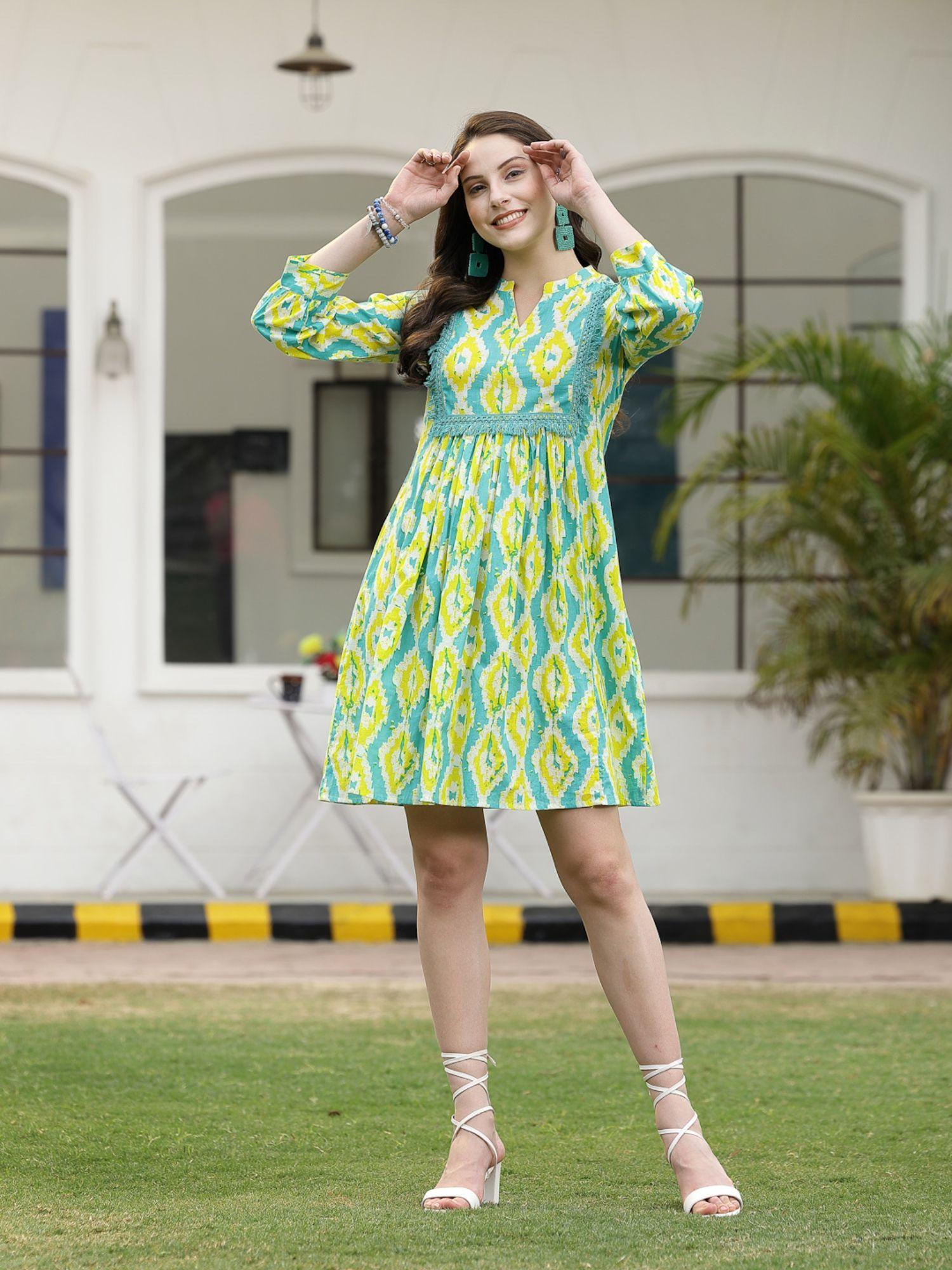 green women tropical printed cotton a-line dress