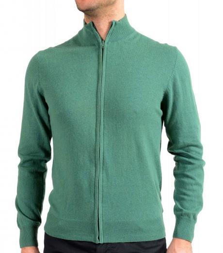 green wool cashmere full zip cardigan
