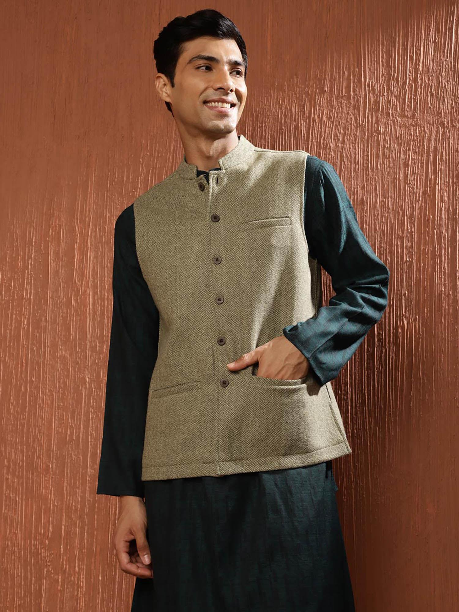 green wool woven nehru jacket