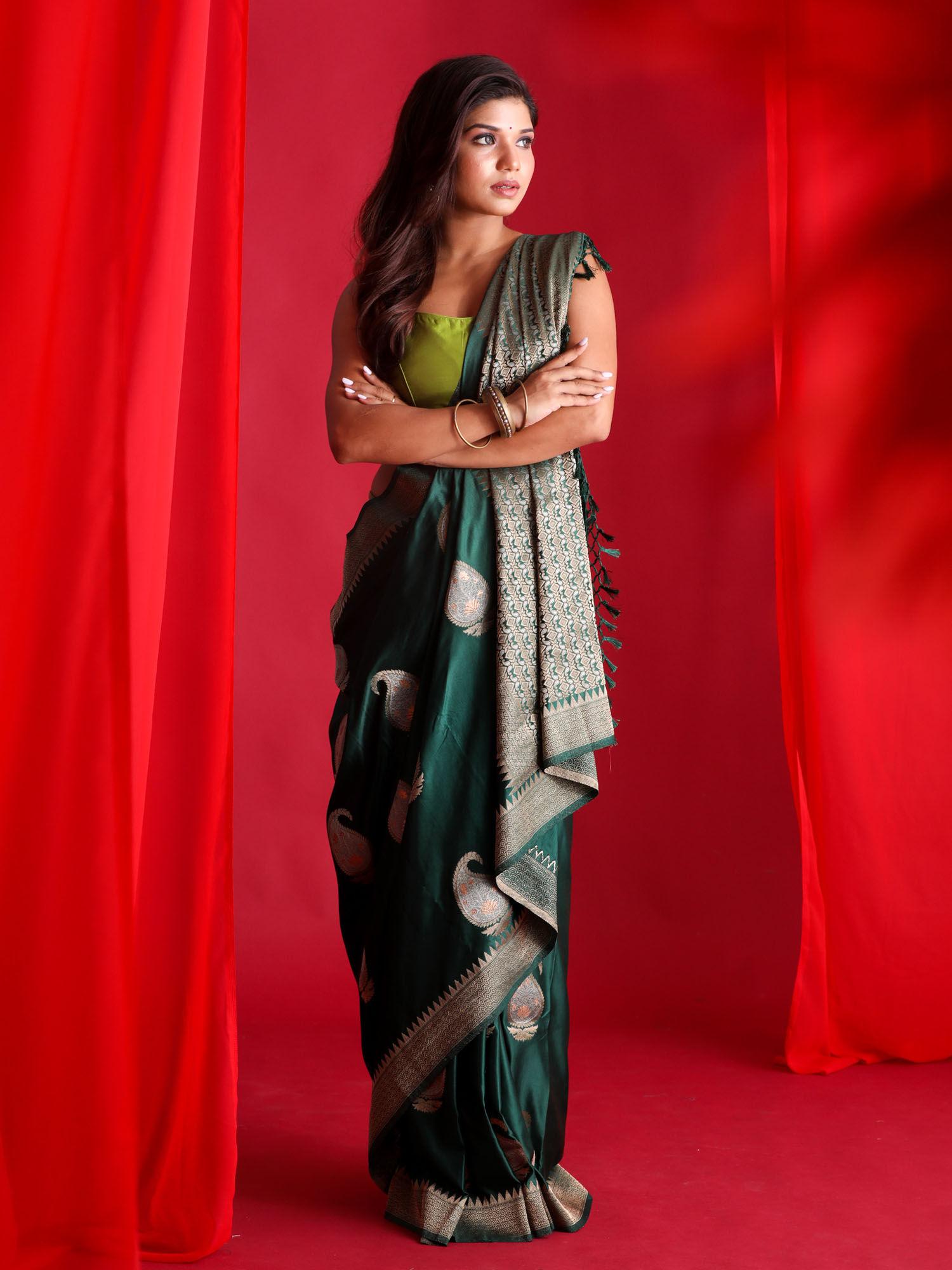 green woven banarasi saree with unstitched blouse