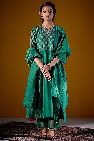 green woven chanderi block printed & hand embroidered gathered kurta set