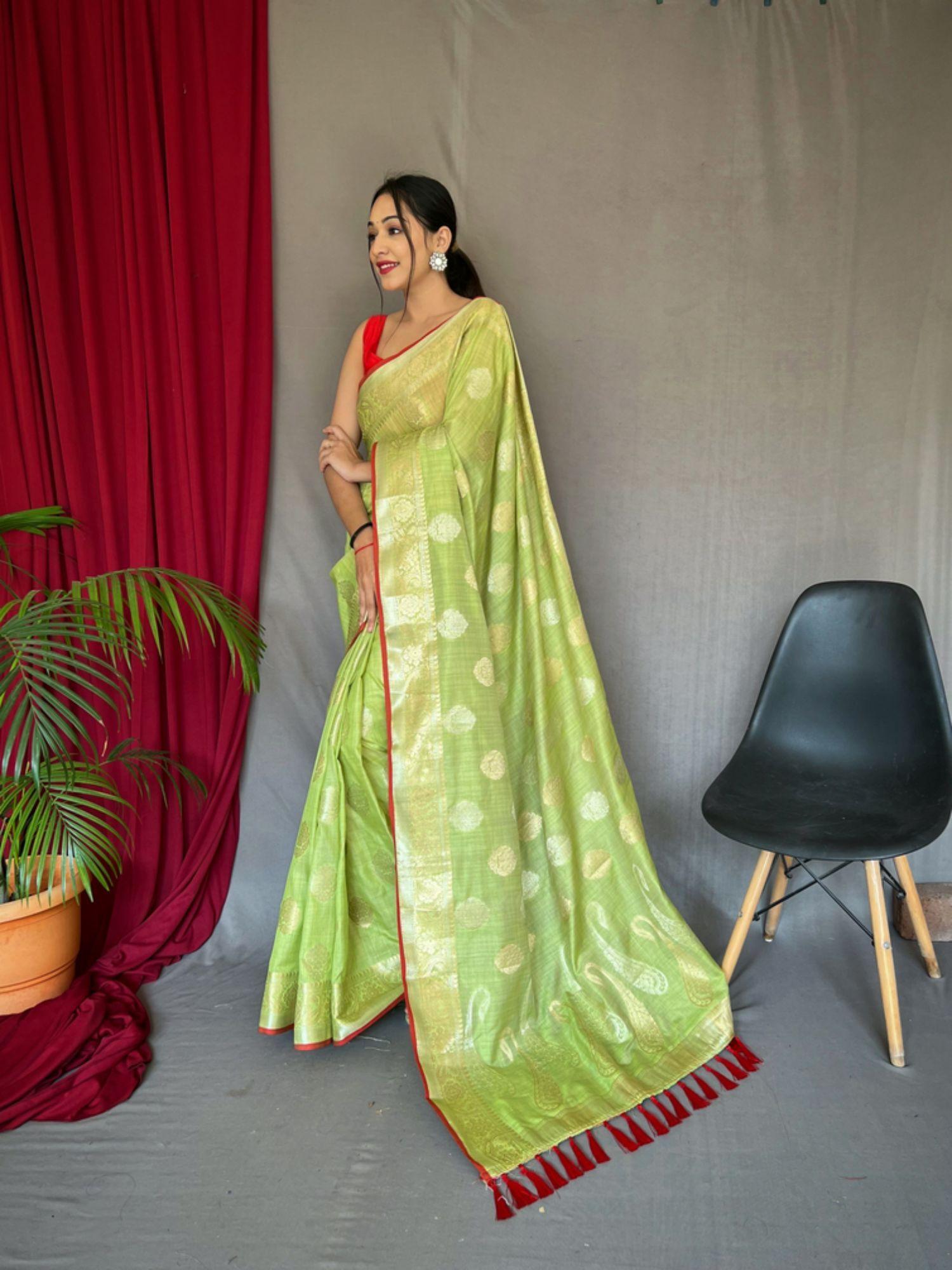 green woven cotton linen saree with unstitched blouse