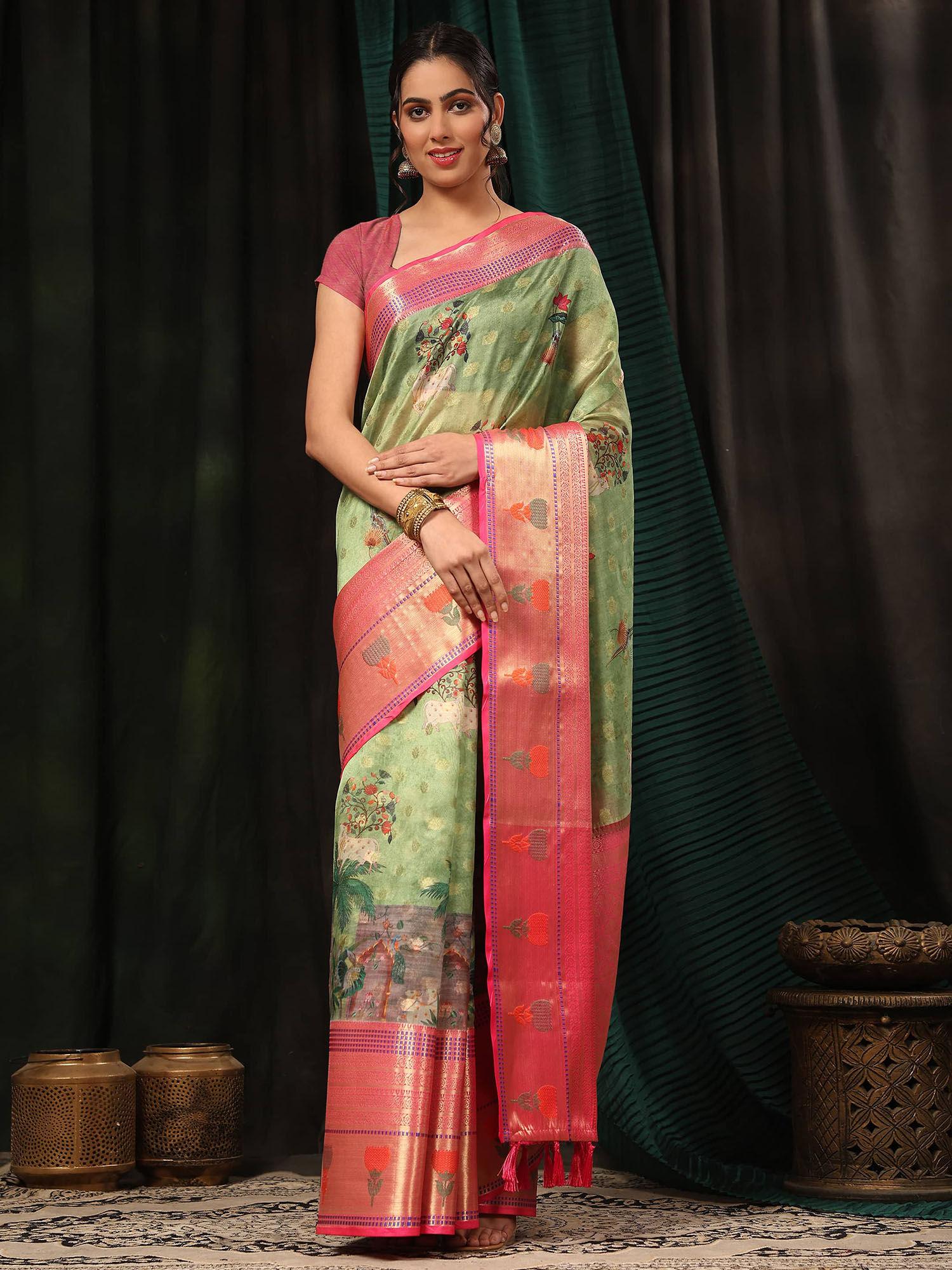 green woven design banarasi art silk floral printed saree with unstitched blouse