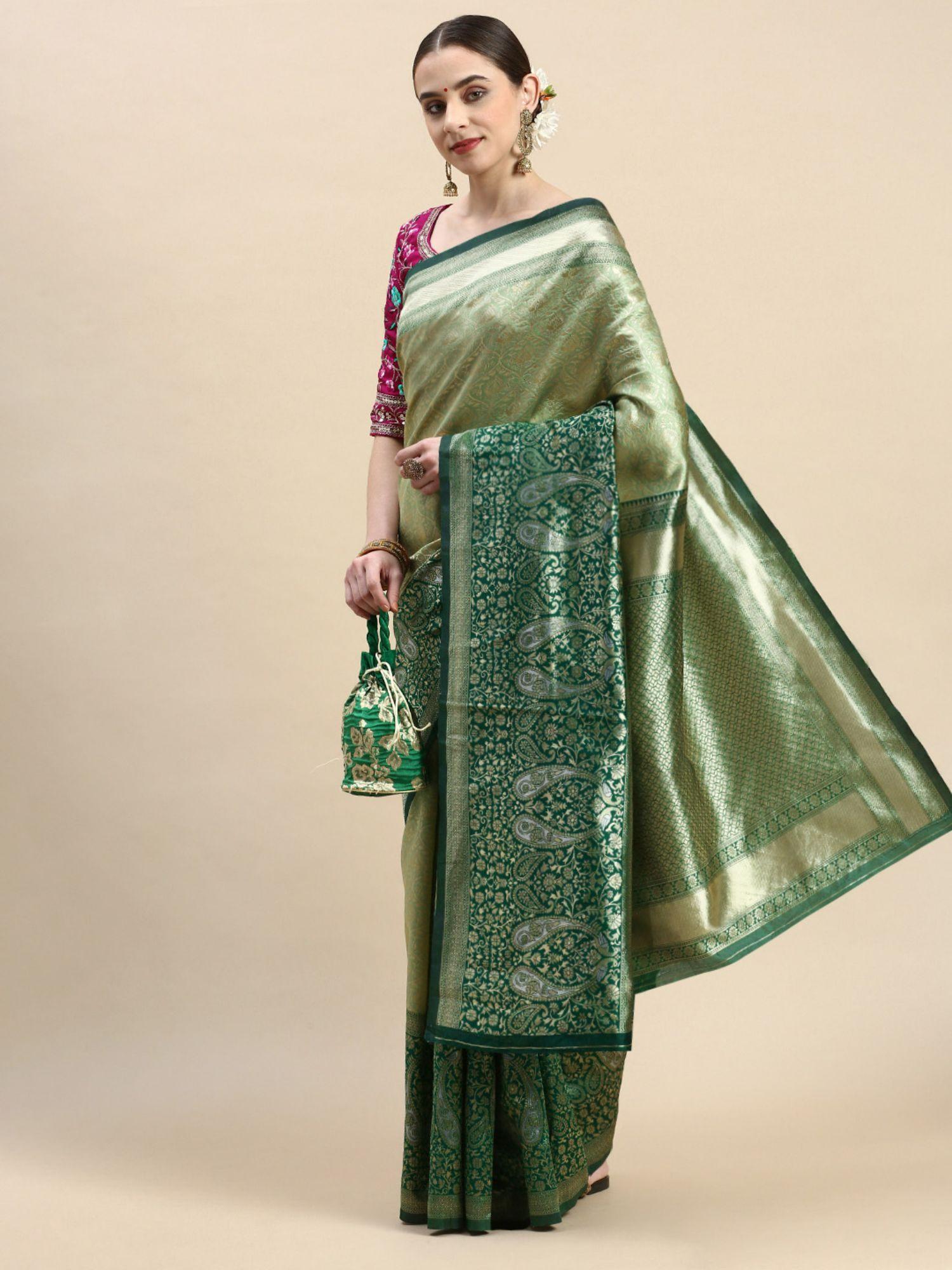 green woven design ethnic motifs zari banarasi saree with unstitched blouse