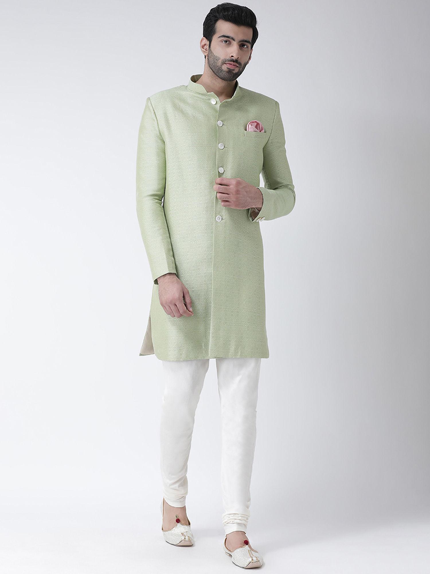 green woven design sherwani with churidar (set of 2)