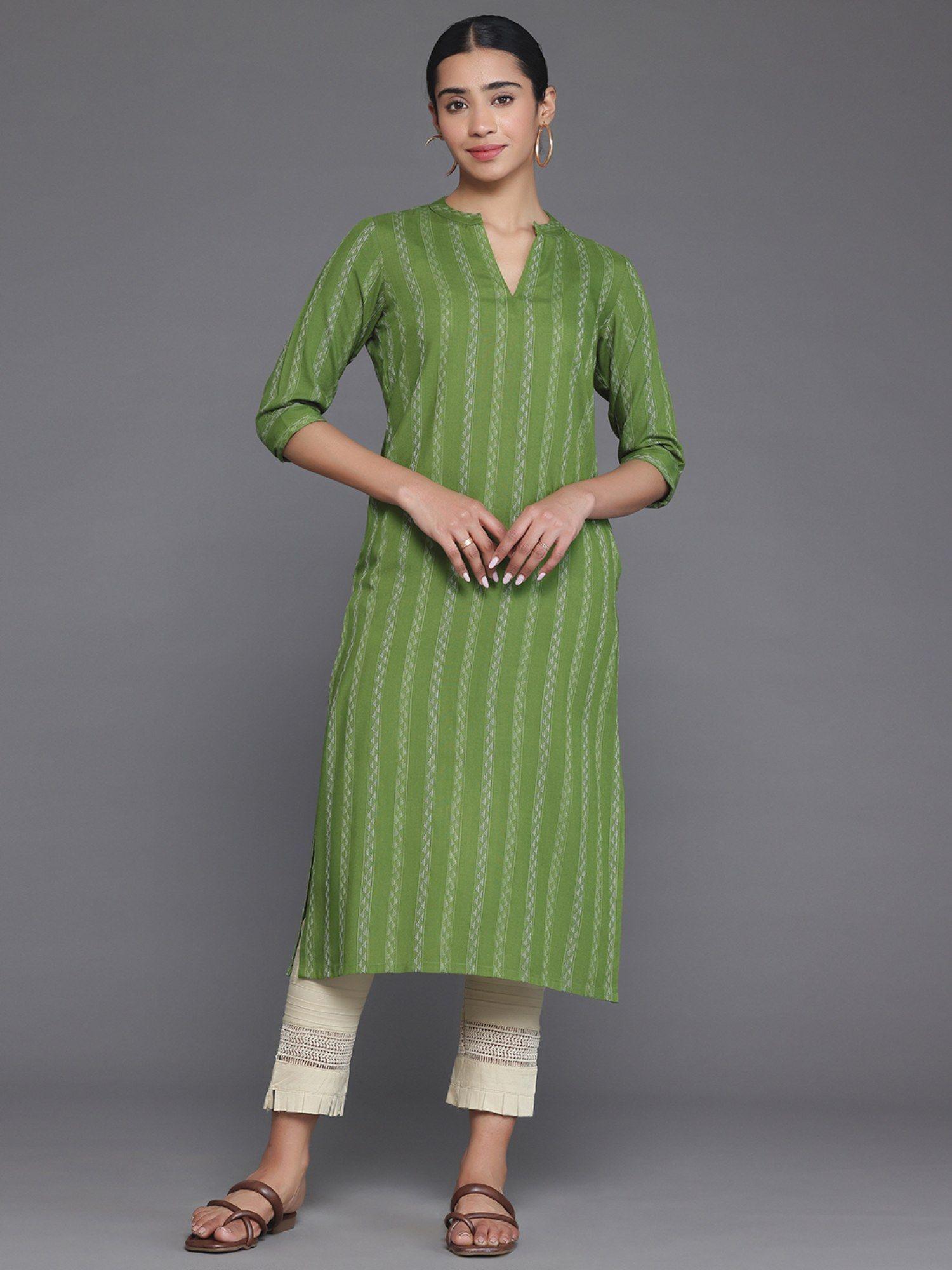 green woven design straight viscose rayon kurta