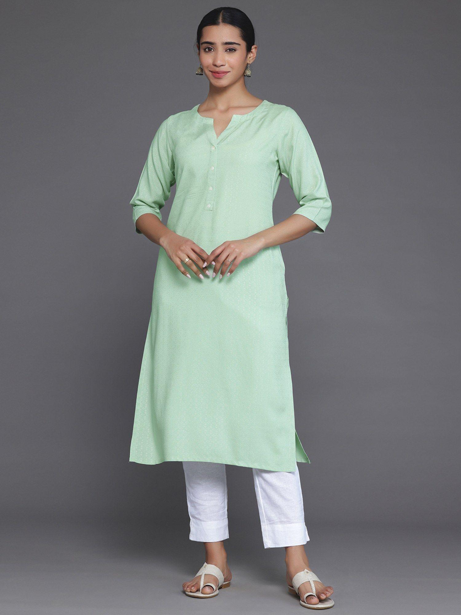 green woven design viscose rayon kurta with pocket