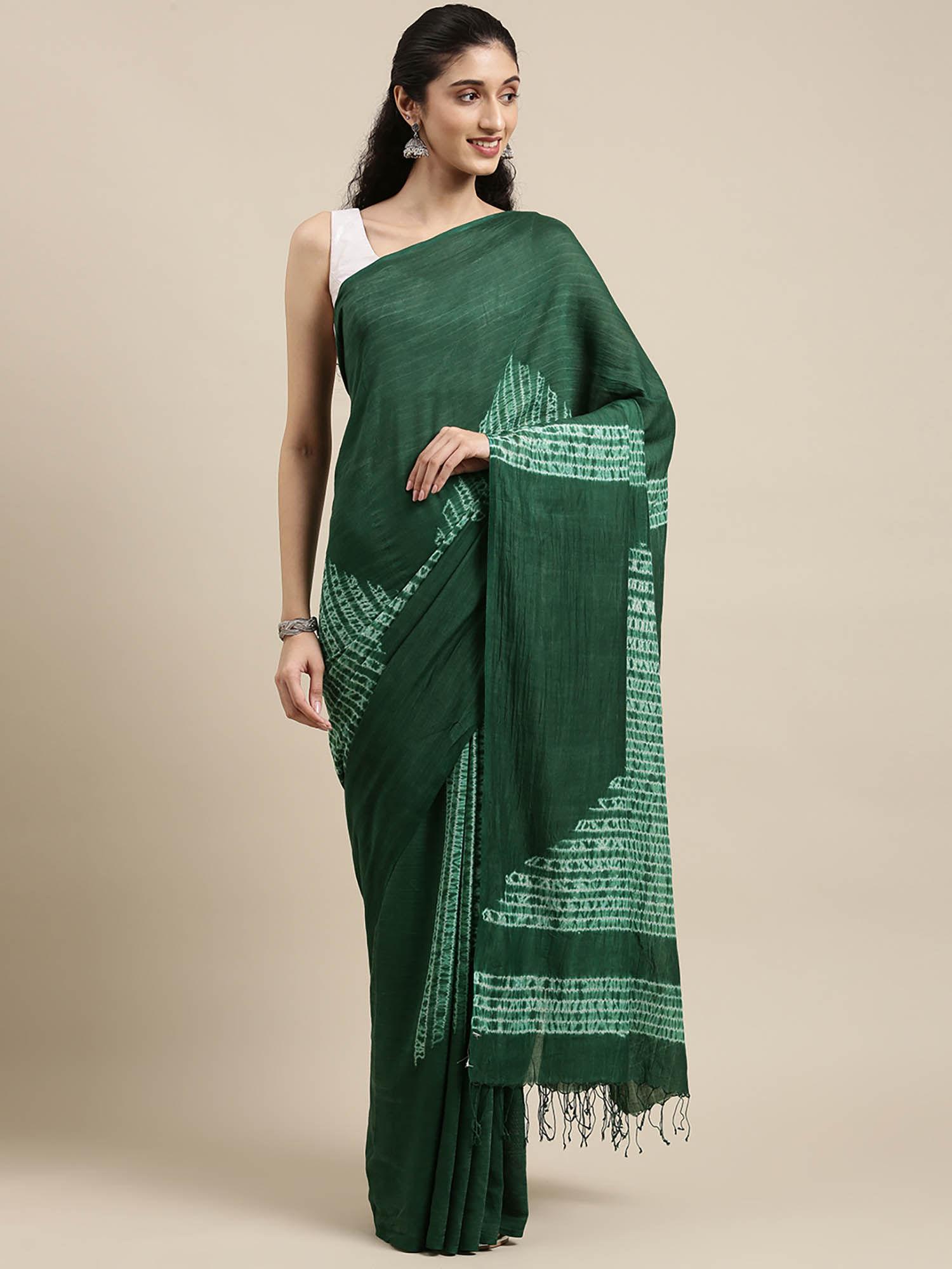 green woven shibori silk cotton saree with unstitched blouse