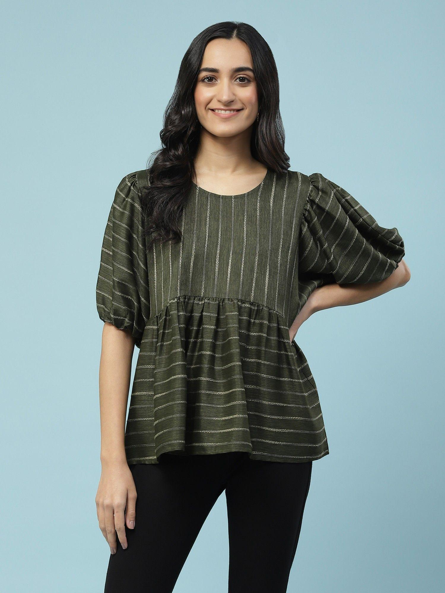 green woven top with balloon sleeves