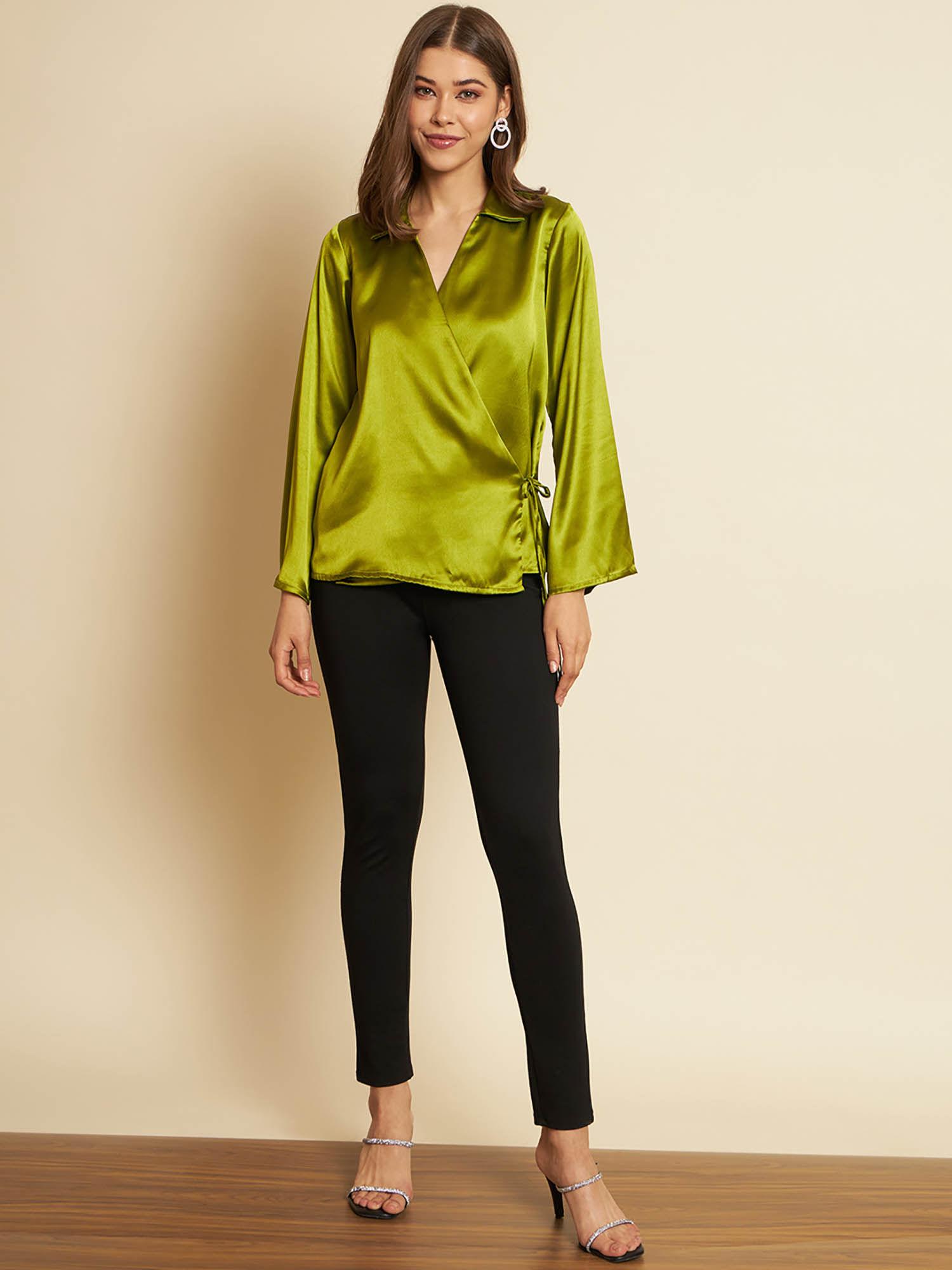 green wrap satin top