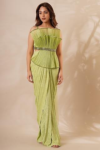 green wrinkled lycra pre-stitched saree set