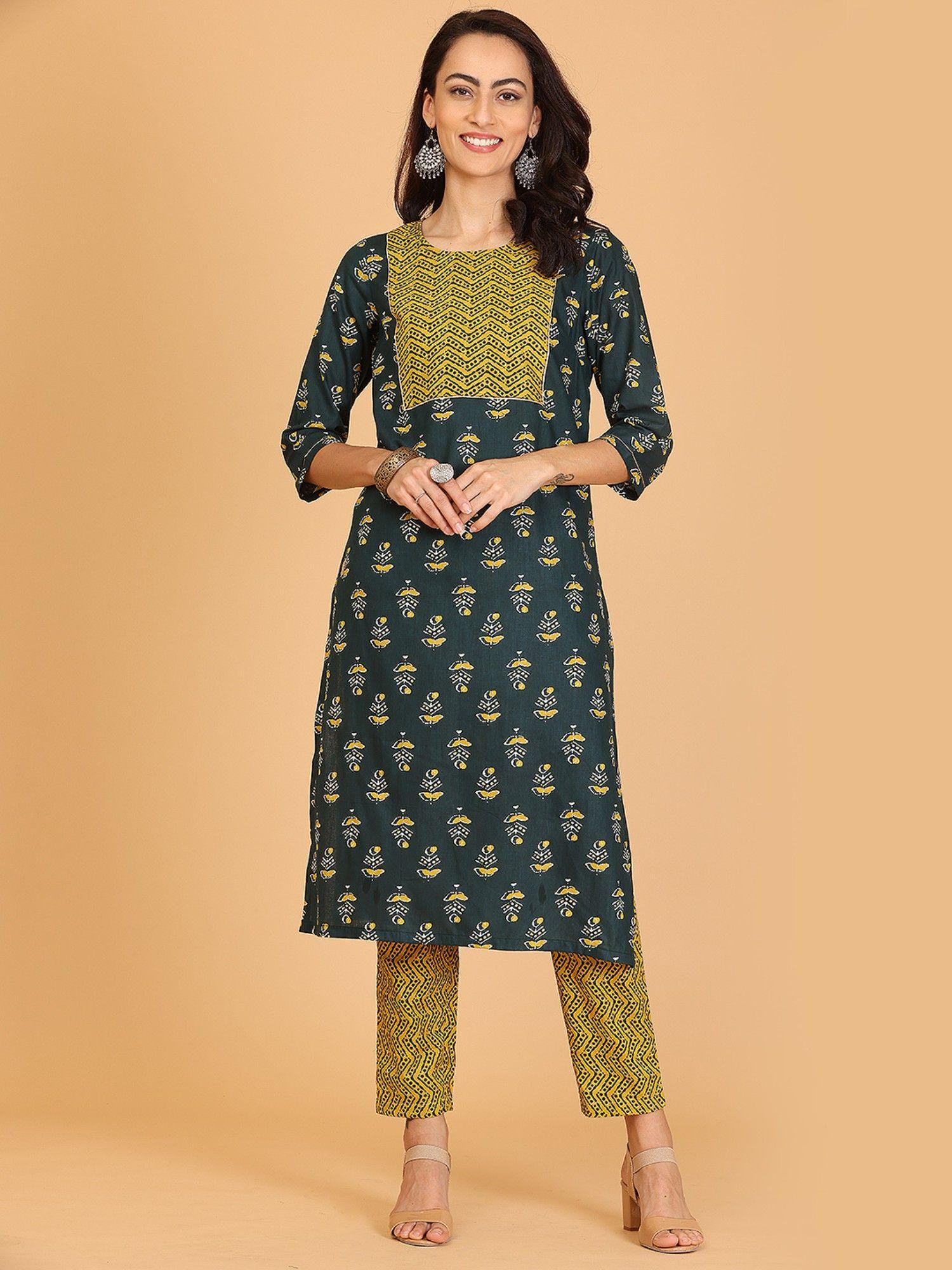 green yellow solid a-line kurta with pant (set of 2)