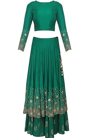 green zardozi and sequins embroidered lehenga and crop top set