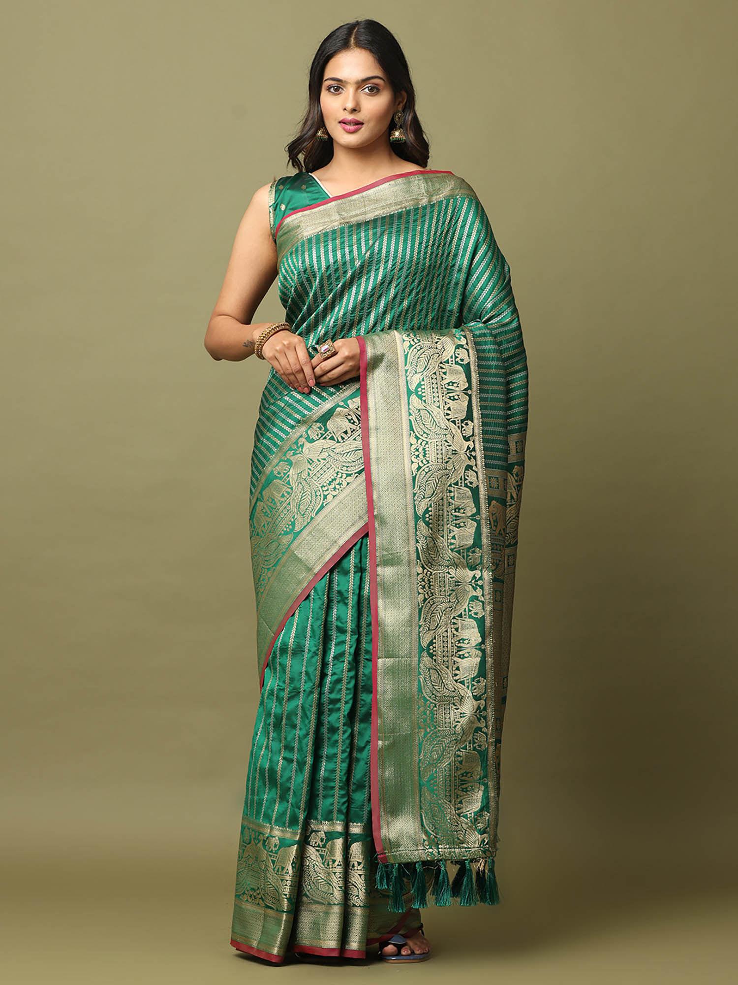 green zari banarasi silk saree with unstitched blouse