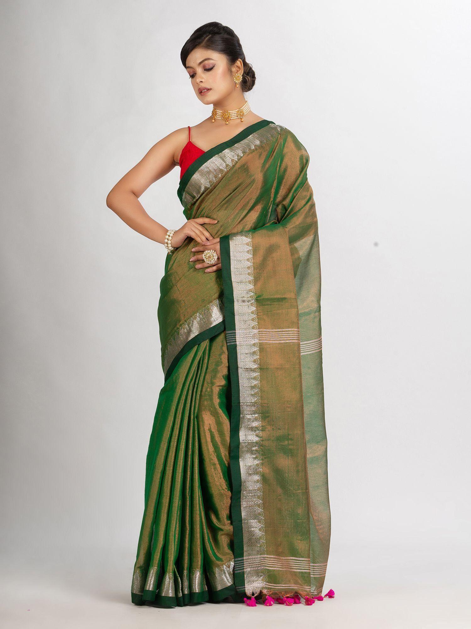 green zari cotton tissue jacquard border handloom saree with unstitched blouse