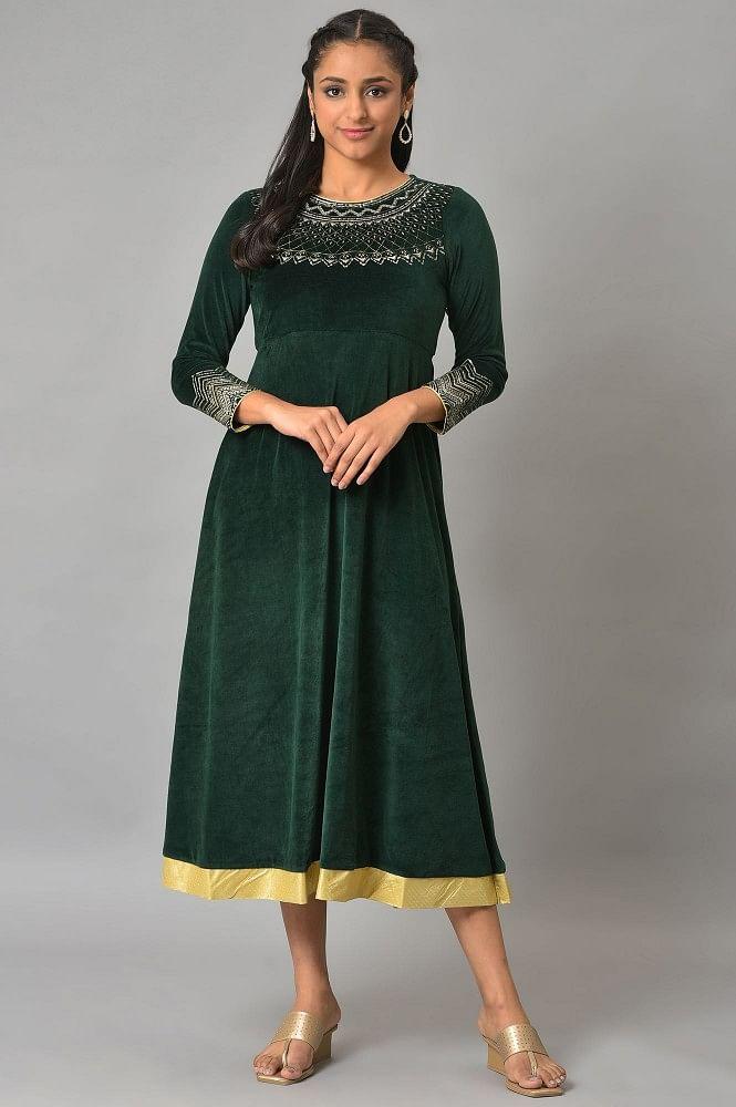 green zari embroidered long dress