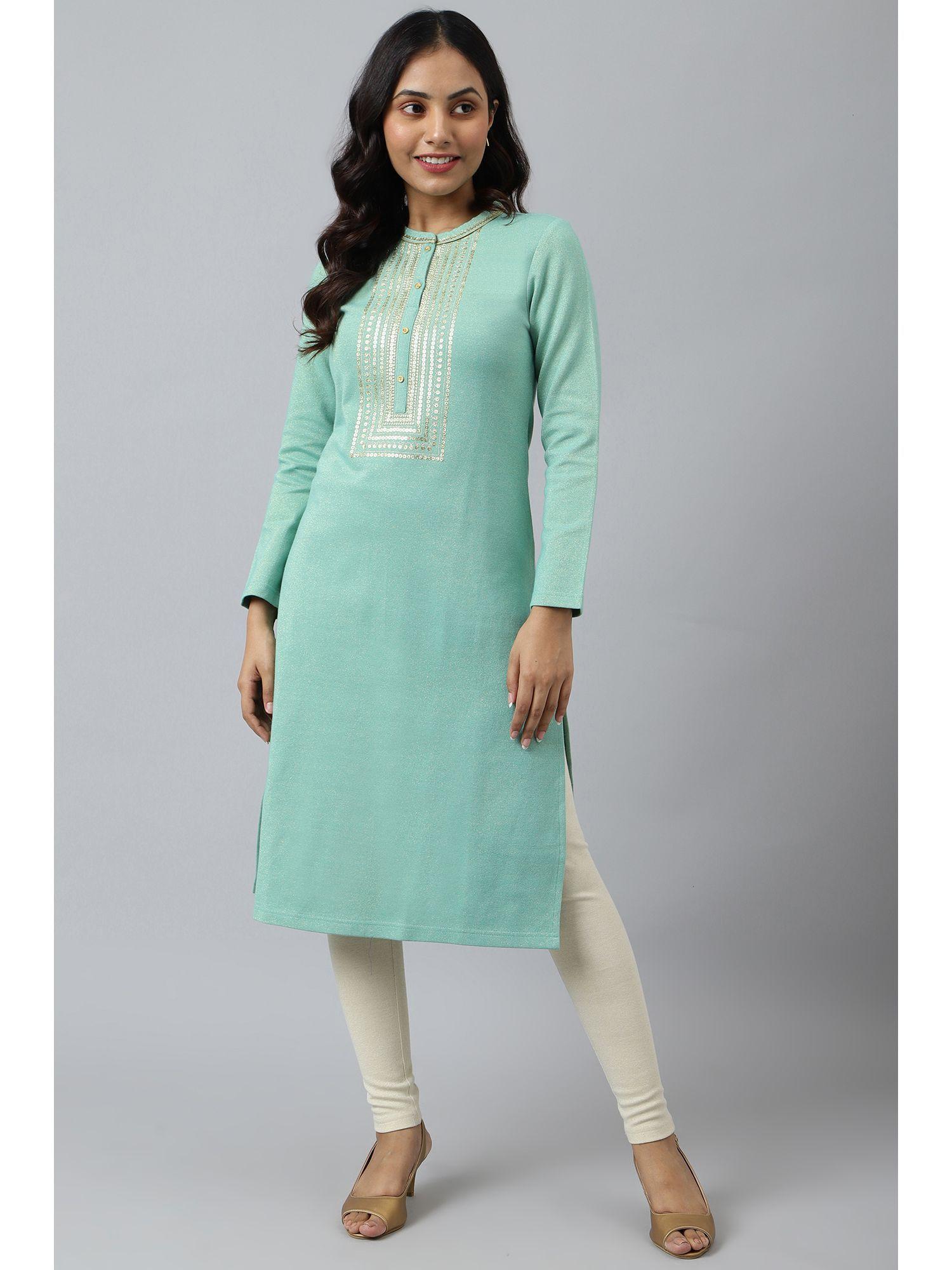 green zari embroidered winter kurta