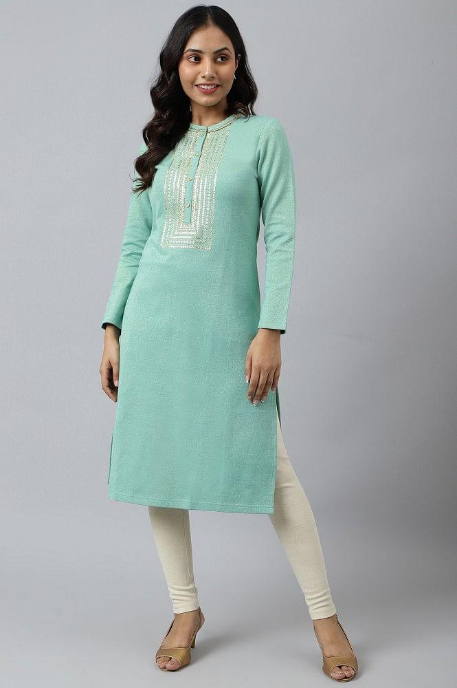 green zari embroidered winter kurta