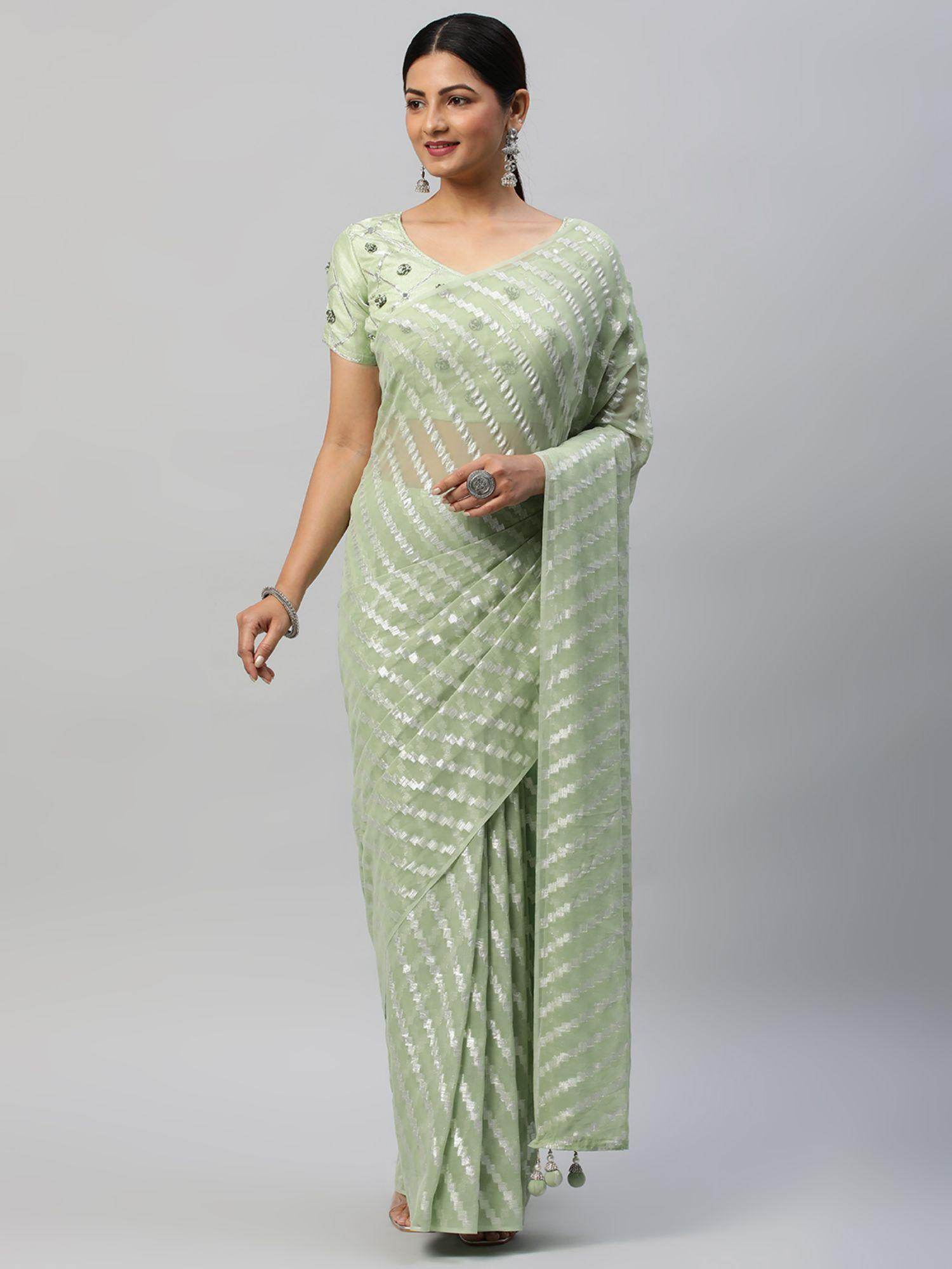 green zari striped saree with unstitched blouse