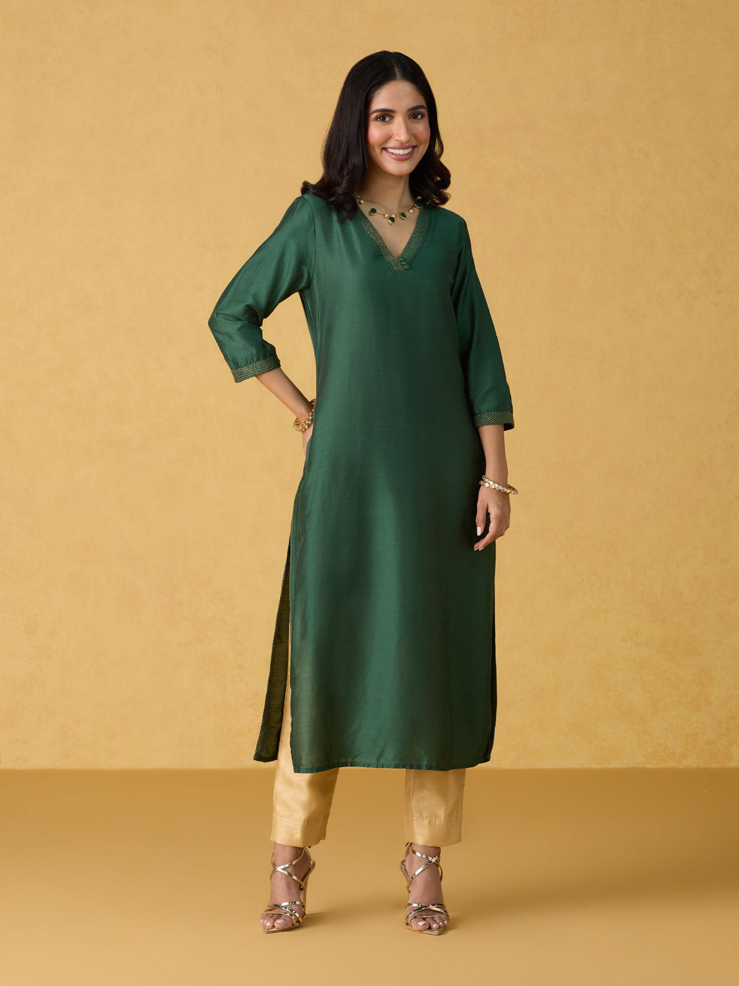 green zari thread work straight kurta likkur78