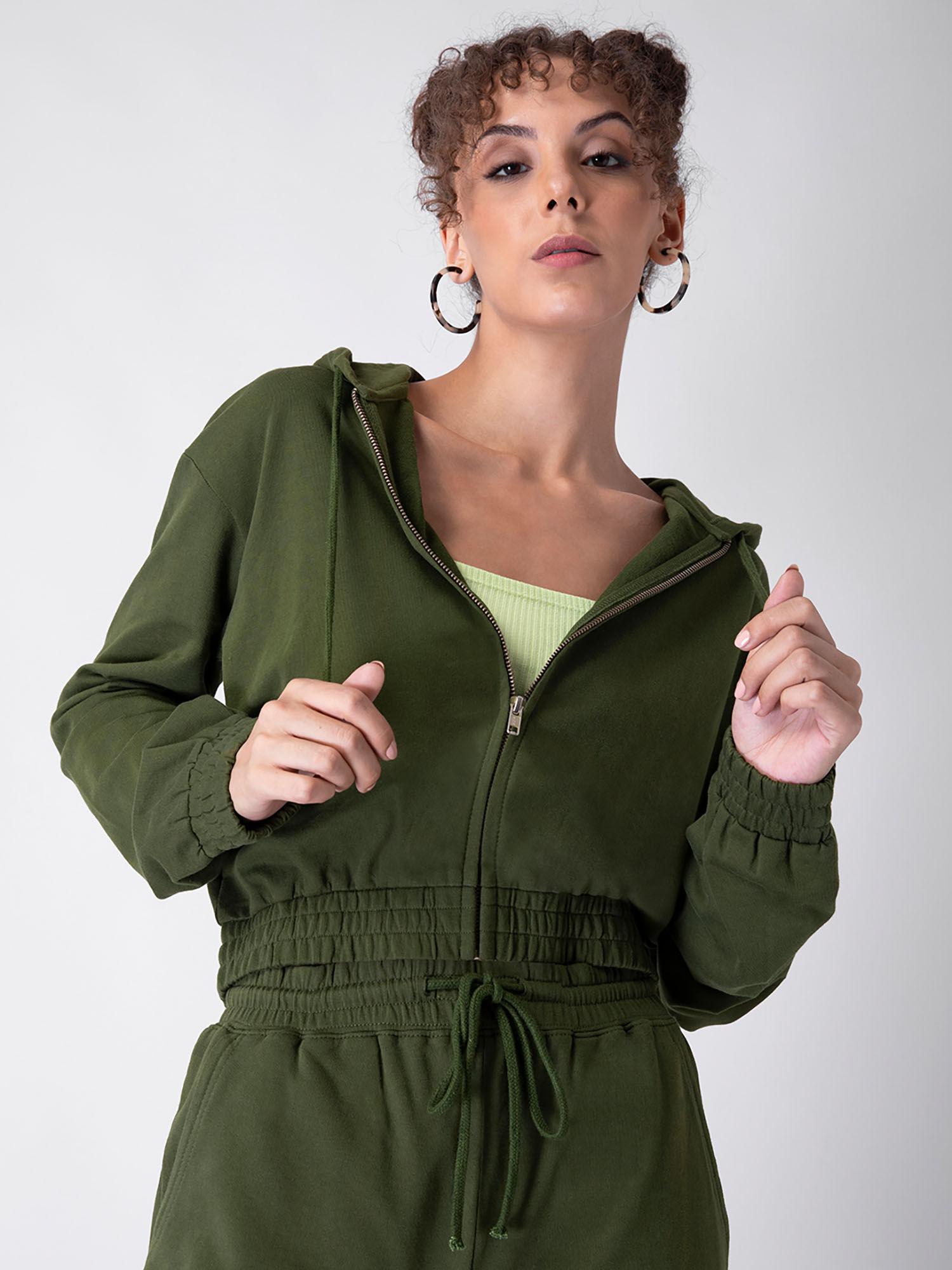 green zipped smocked waist straight fit hoodie