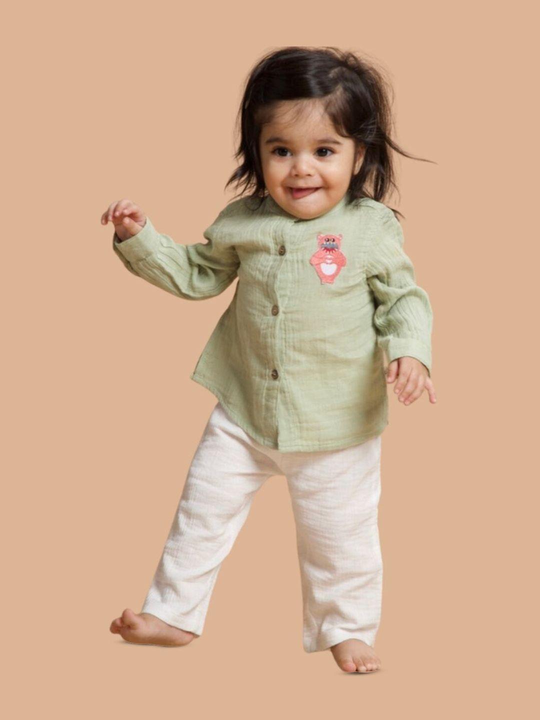 greendeer infants band collar double crinkle pure cotton shirt with pyjamas