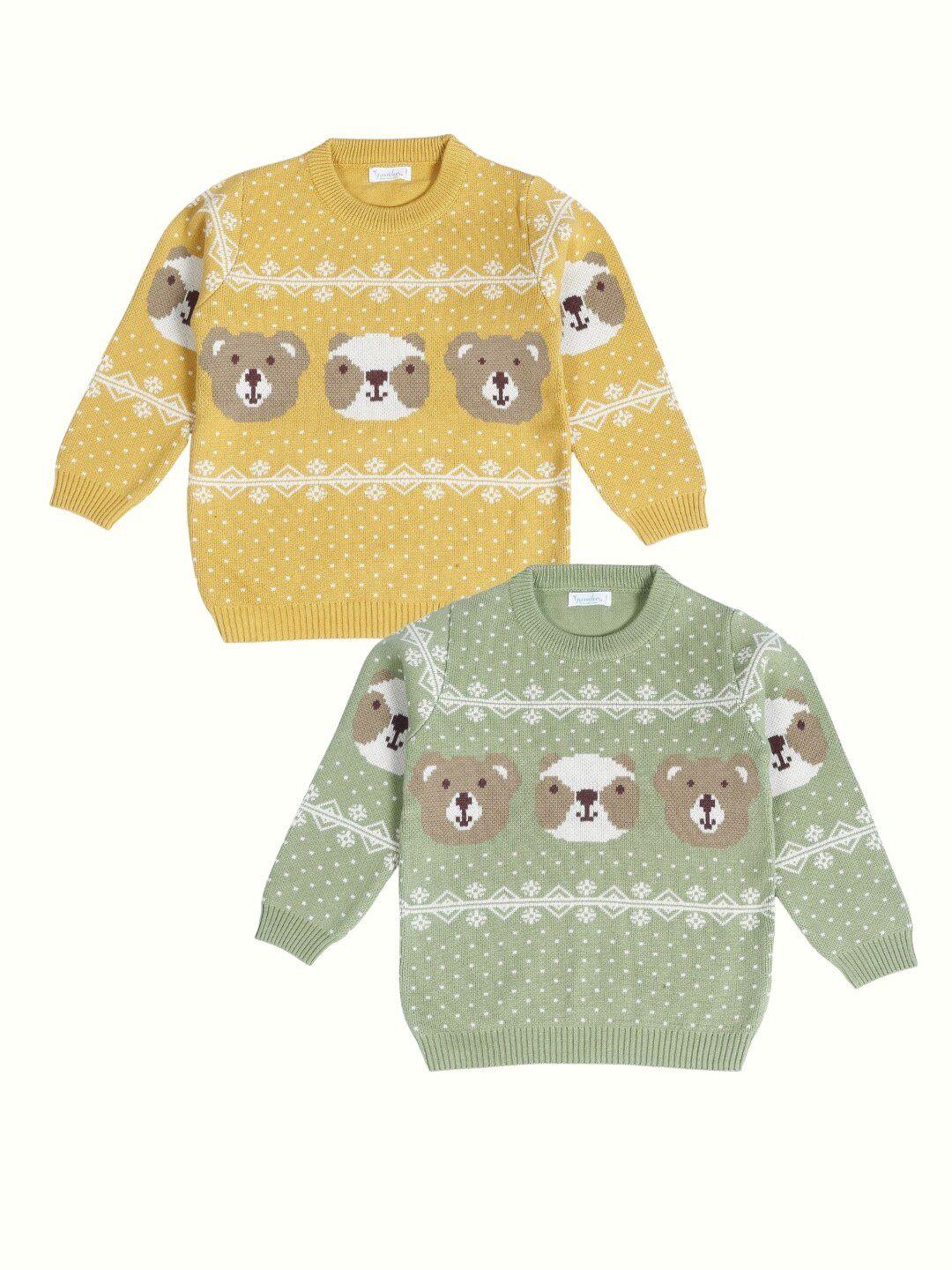 greendeer kids pack of 2 enchanting bear printed jacquard pure cotton pullover sweaters