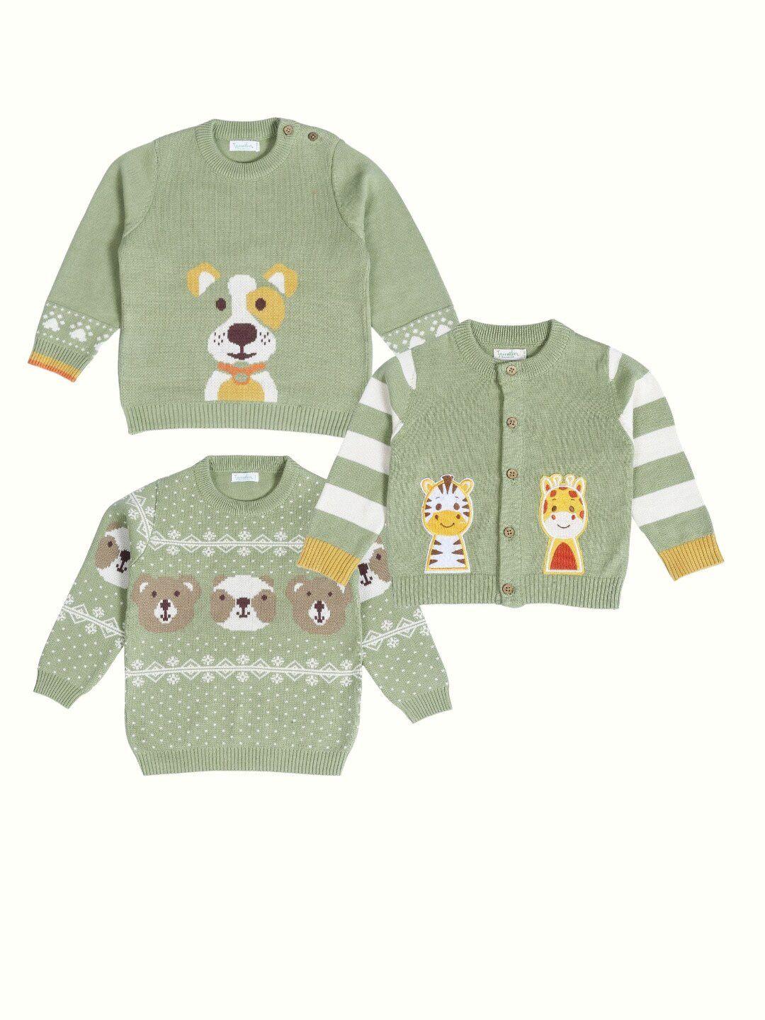 greendeer kids pack of 3 graphic printed pure cotton sweaters