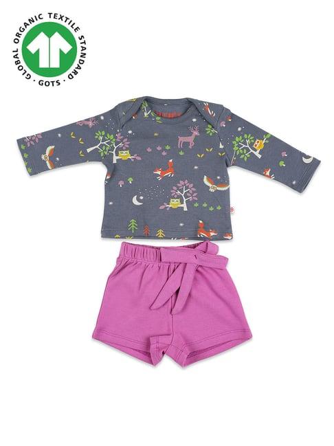 greendigo kids grey & pink printed full sleeves t-shirt with shorts