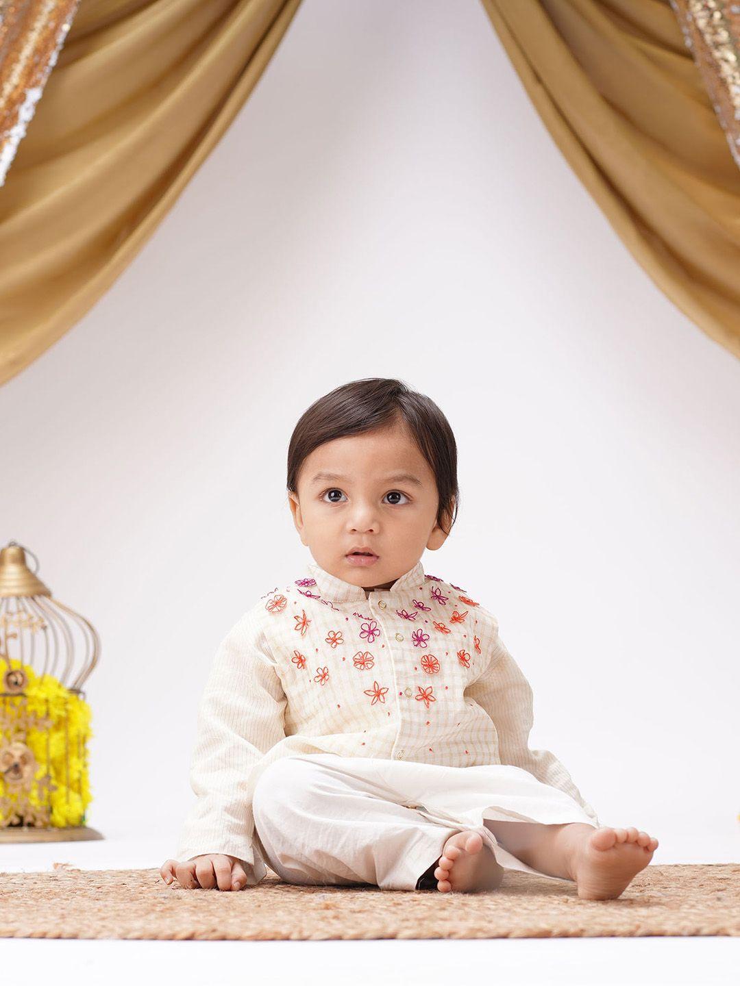 greendigo infant boys embroidered regular pure cotton kurta with pyjamas & waist coat