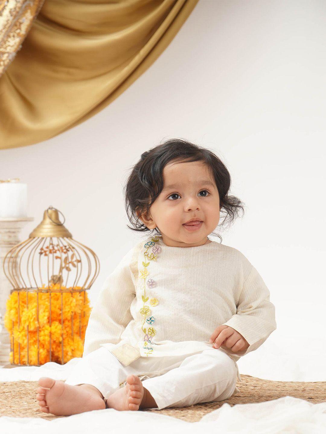 greendigo infant boys floral embroidered pure cotton kurta with pyjamas