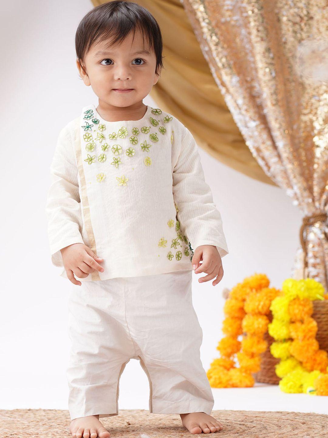 greendigo infant boys floral embroidered regular pure cotton kurta with pyjamas