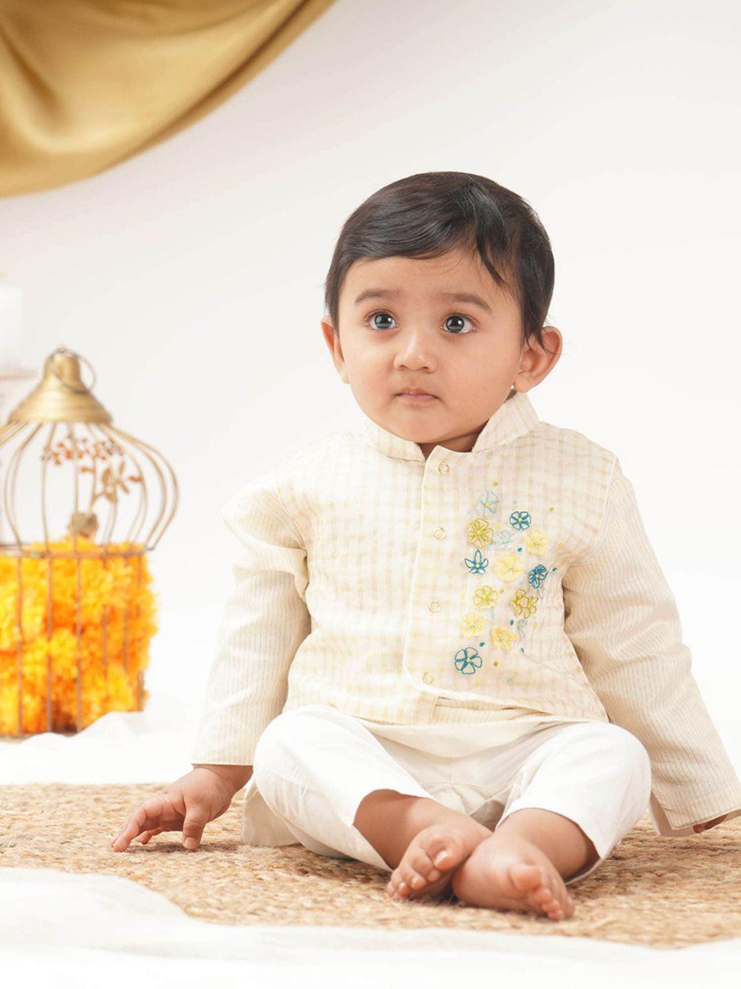 greendigo infant boys striped regular pure cotton kurta with pyjamas & nehru jacket