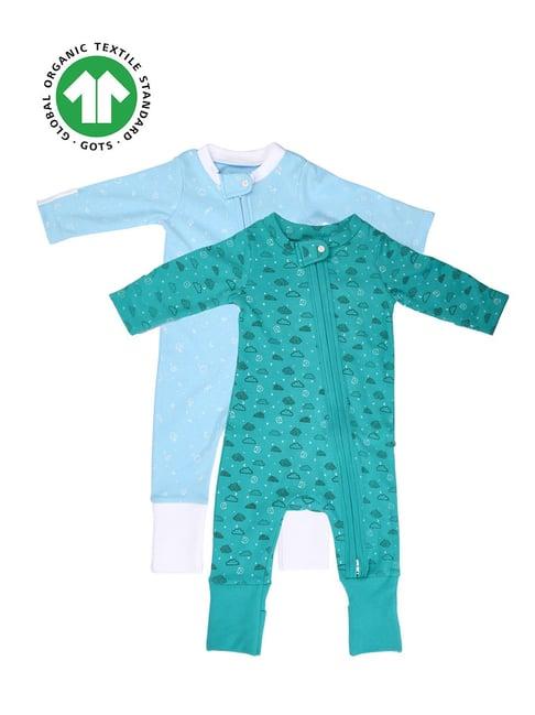 greendigo kids blue & turquoise printed full sleeves sleepsuit (pack of 2)