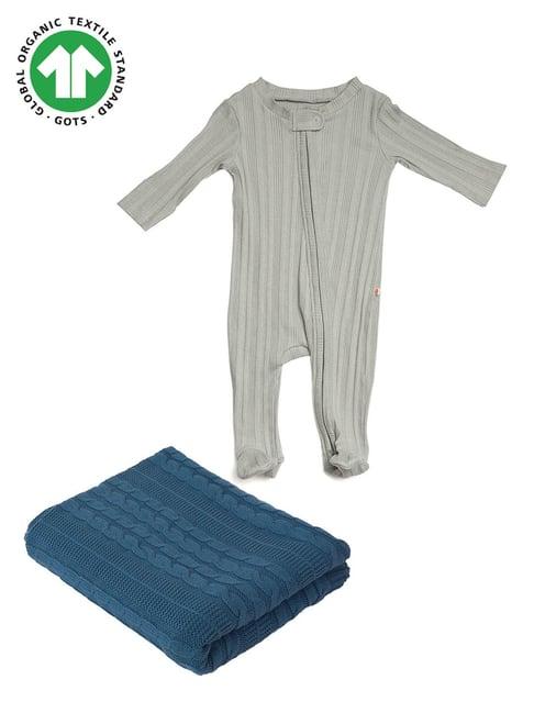 greendigo kids grey & blue solid full sleeves bodysuit with blanket