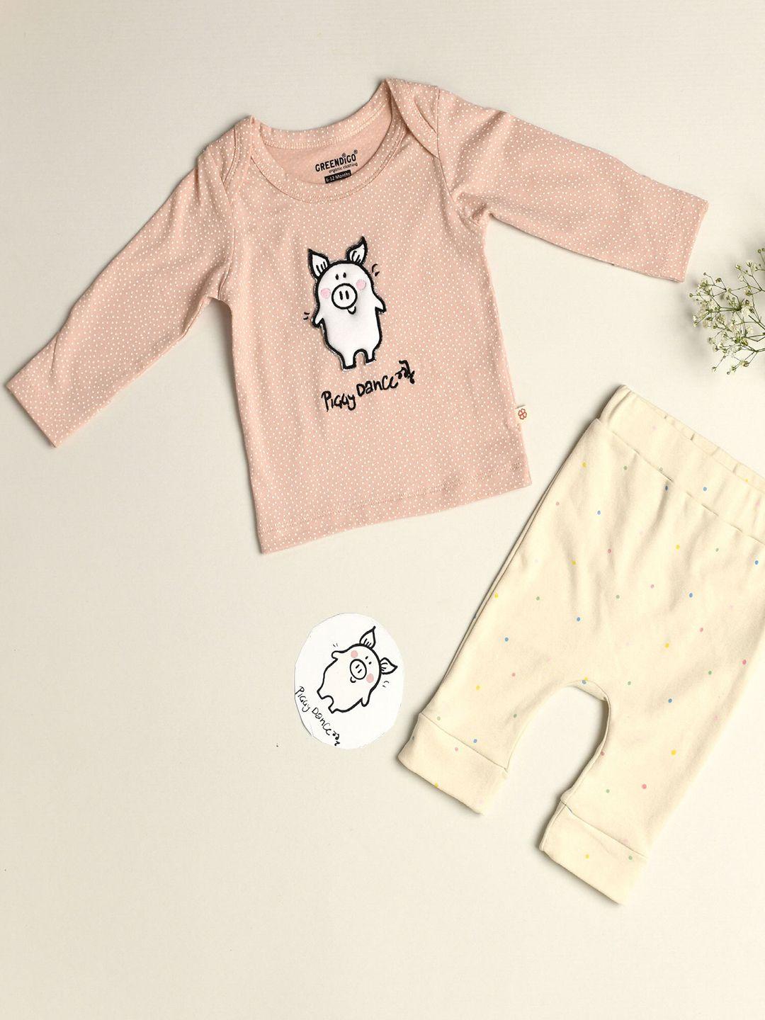 greendigo unisex kids cream-coloured & peach-coloured printed t-shirt with pyjamas