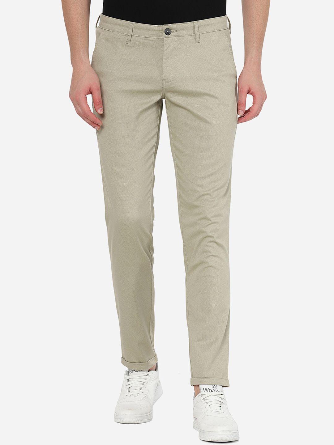 greenfibre men beige slim fit casual trousers