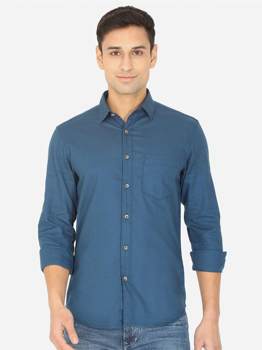 greenfibre men blue solid slim fit pure cotton casual shirt