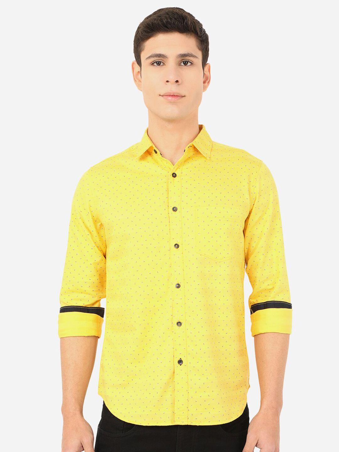 greenfibre men yellow slim fit printed pure cotton casual shirt