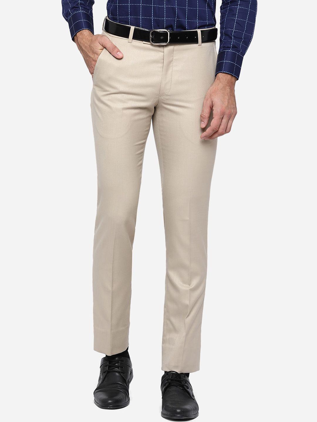 greenfibre men beige slim fit formal trousers