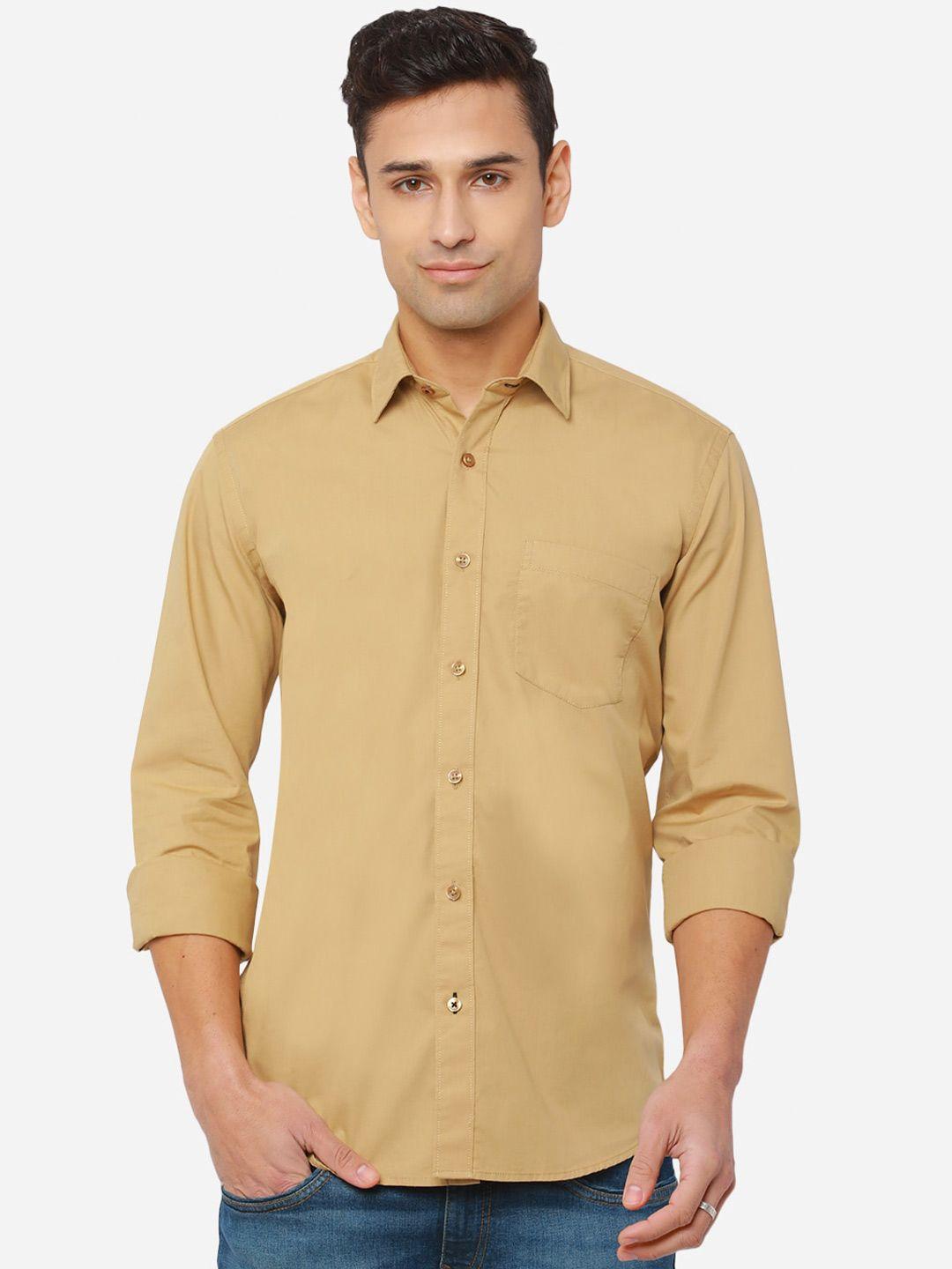 greenfibre men beige solid pure cotton slim fit casual shirt