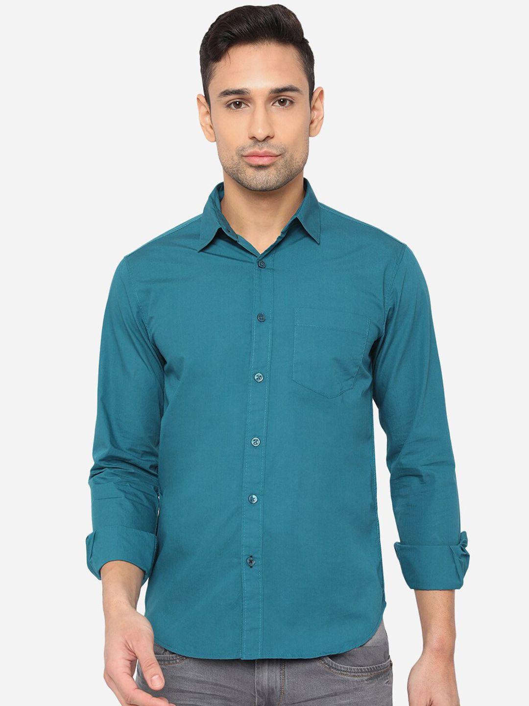 greenfibre men blue cotton slim fit casual shirt
